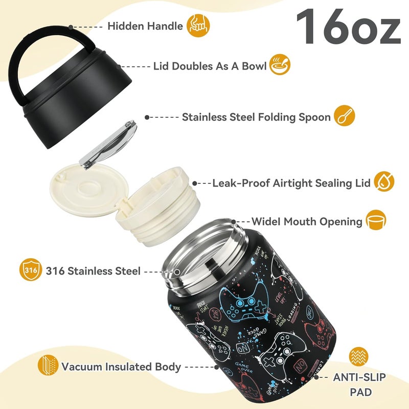 Haweek Soup Thermo for Hot Food Kids 16oz Insulated Food Jar Leakproof Thermo Lunch Container for Kids Wide-Mouth Stainless Steel Lunch Box for School with Handle Folding Spoon(3+)​ - Image 4